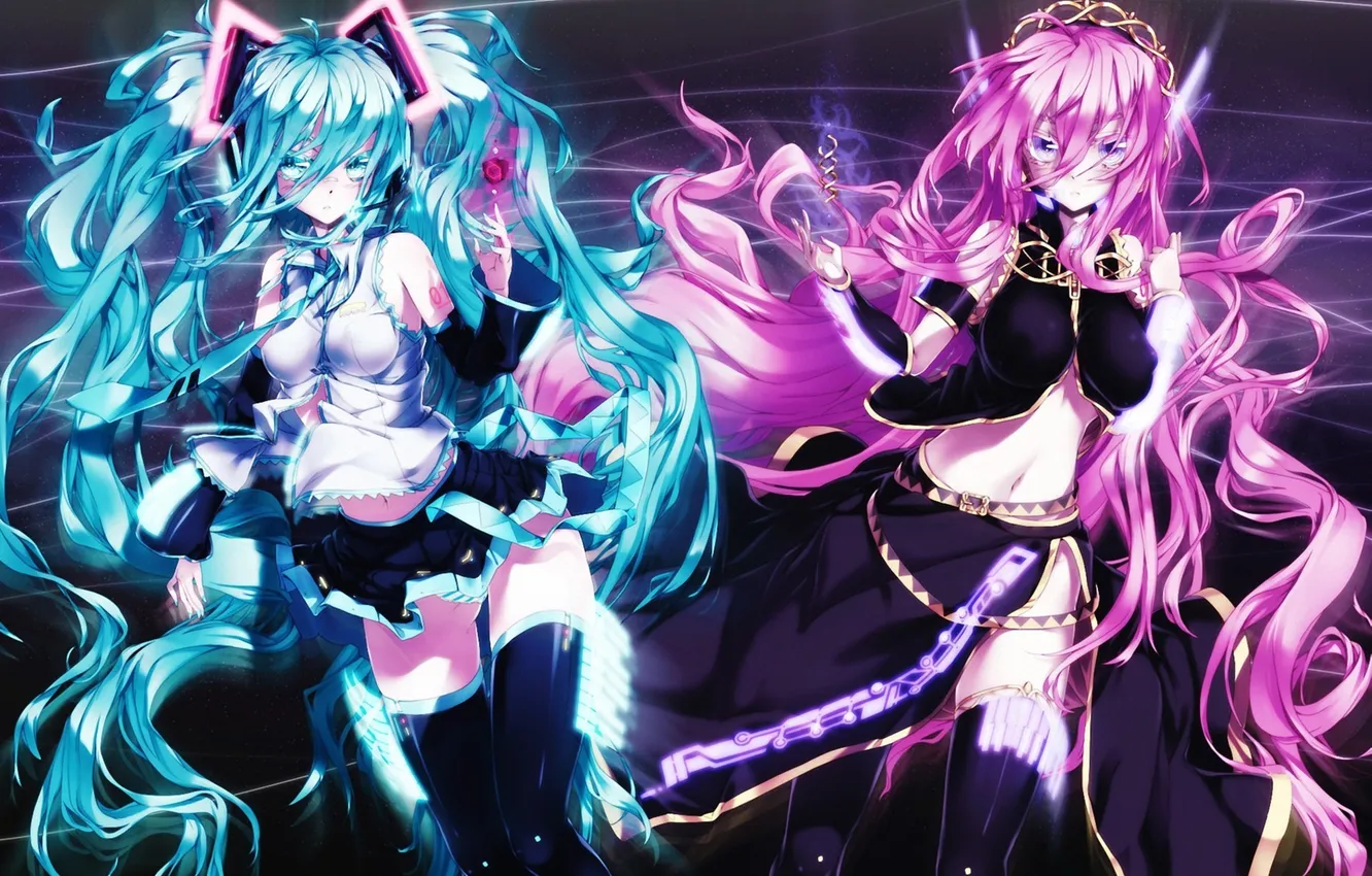 Photo wallpaper line, abstraction, girls, art, vocaloid, hatsune miku, megurine luka, coracola