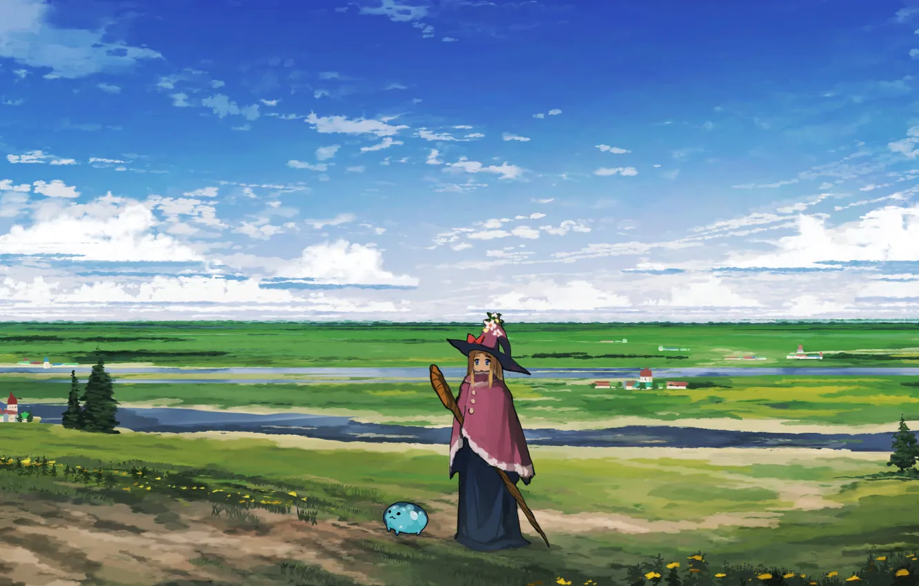 Photo wallpaper the sky, girl, clouds, landscape, home, hat, being, anime