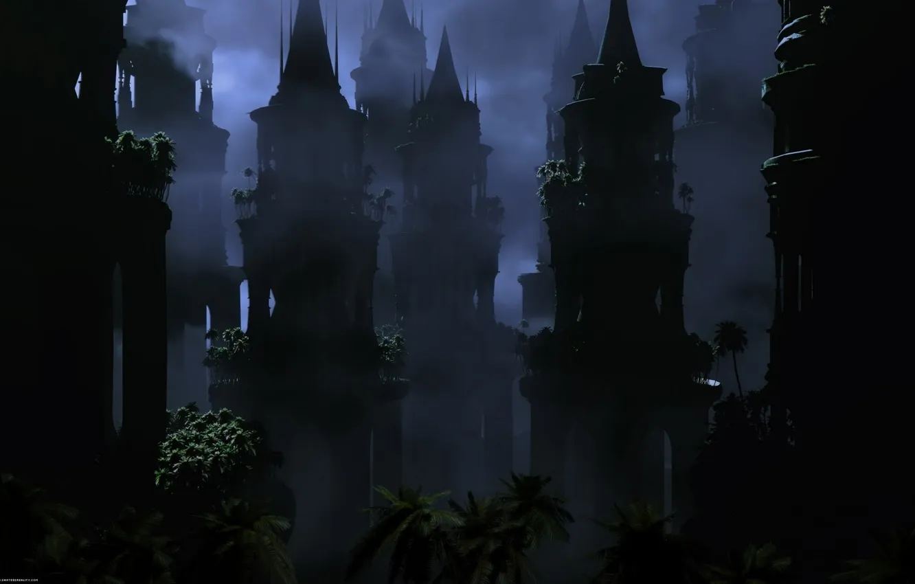 Photo wallpaper night, darkness, palm trees, the darkness, tower, mystery