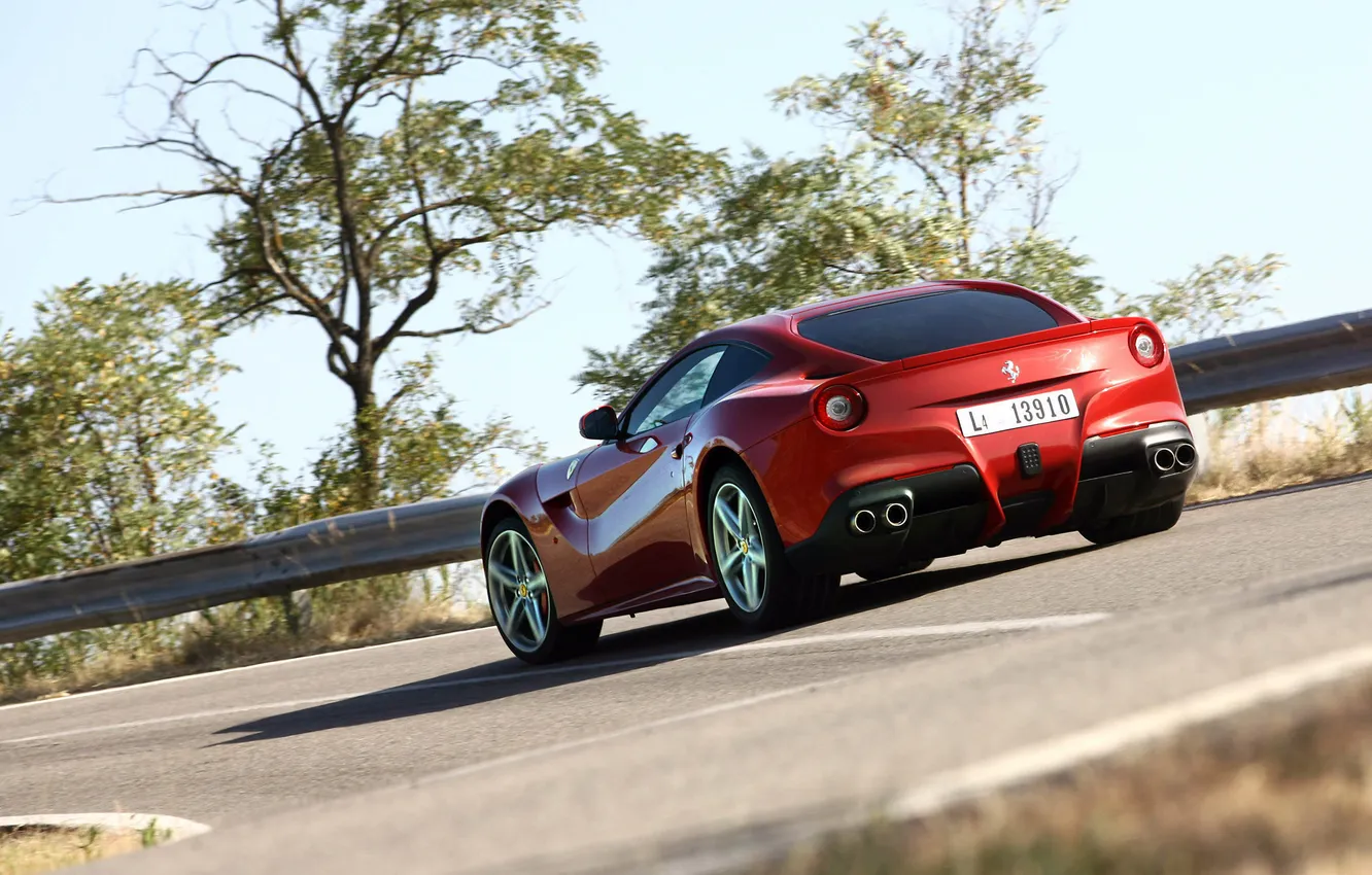 Photo wallpaper road, trees, Ferrari, rear view, Berlinetta, F12, The Ferrari F12 Berlinetta