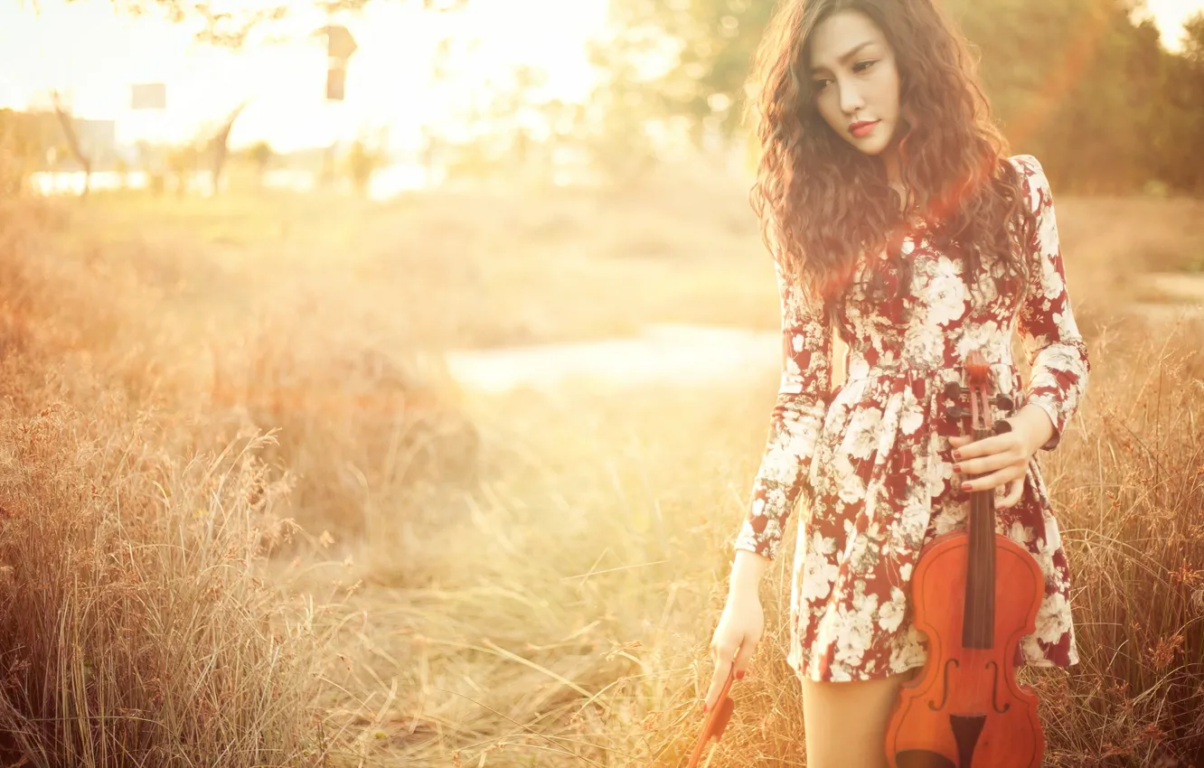 Photo wallpaper girl, violin, Asian