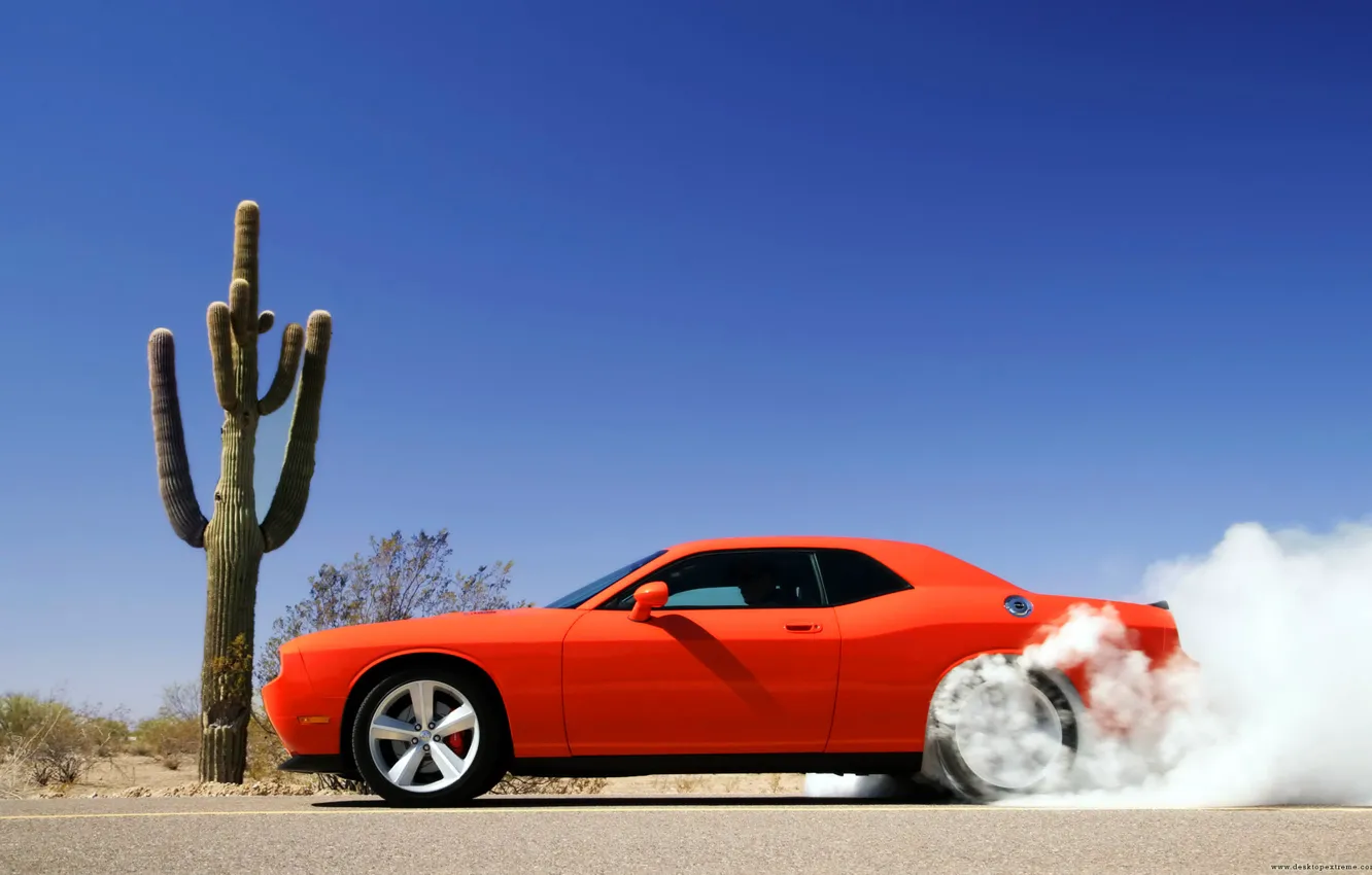 Photo wallpaper smoke, Dodge Challenger, red car