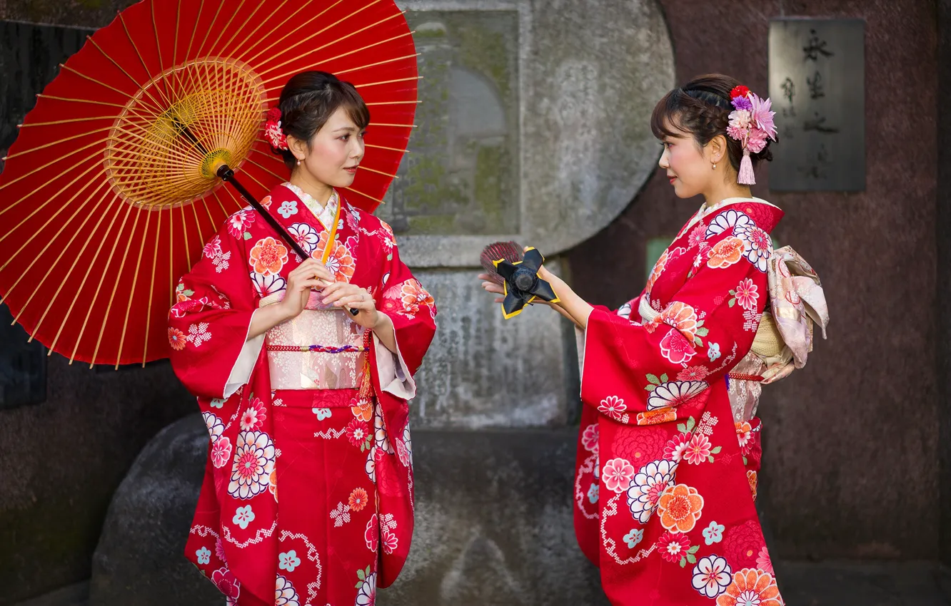 Photo wallpaper style, girls, two, Japanese women, umbrella, kimono, in red, Asian girls