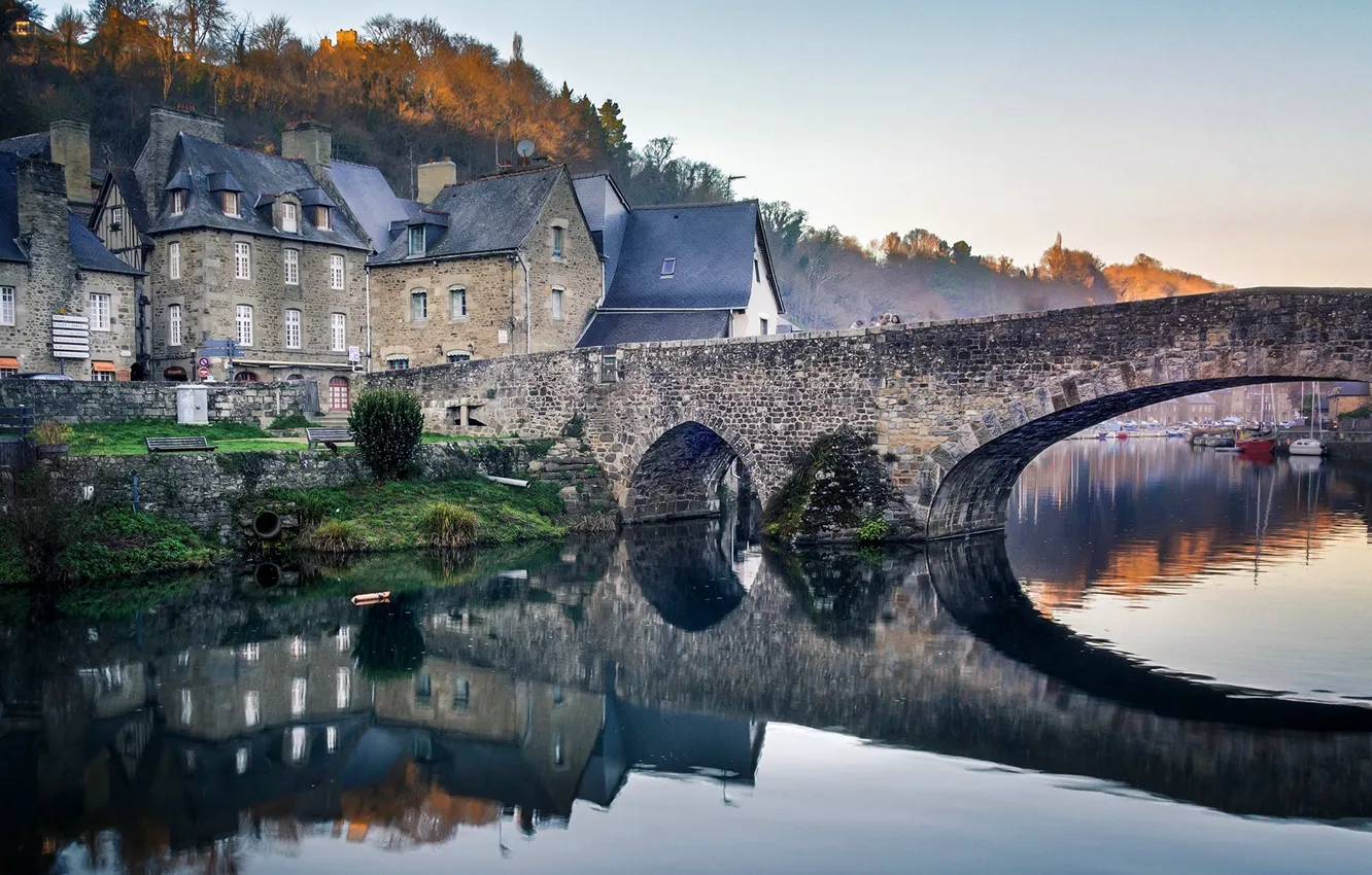 Photo wallpaper autumn, trees, bridge, river, France, home, Brittany, Port of Dinan