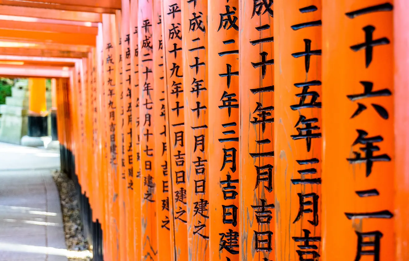 Photo wallpaper Japan, characters, temple, Kyoto, torii, Fushimi Inari Shrine