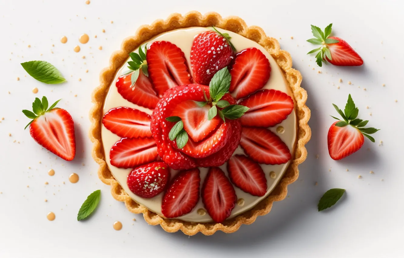 Photo wallpaper leaves, berries, strawberry, pie, white background, mint, dessert, cakes