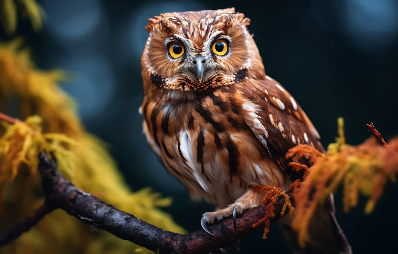 Photo wallpaper look, owl, bird, branch, owl, AI art, neural network