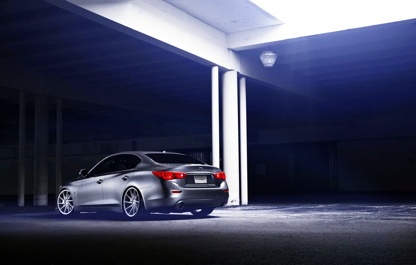 Photo wallpaper Infiniti, silver, vossen wheels, rearside, Q50S