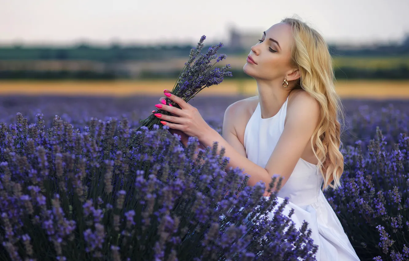 Photo wallpaper girl, flowers, pose, mood, blonde, a bunch, lavender, Ivan Georgiev