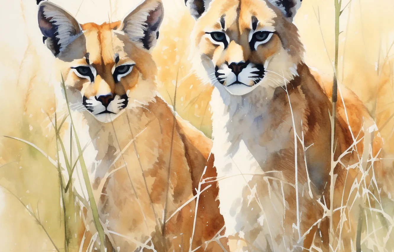 Photo wallpaper predator, art, two, big cats, Caracal, imitation painting, AI art, The Art of Artificial Intelligence