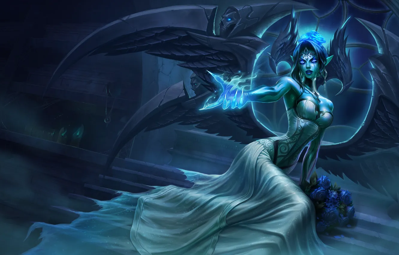 Photo wallpaper light, girl, fantasy, game, Dark Angel, magic, wings, flowers