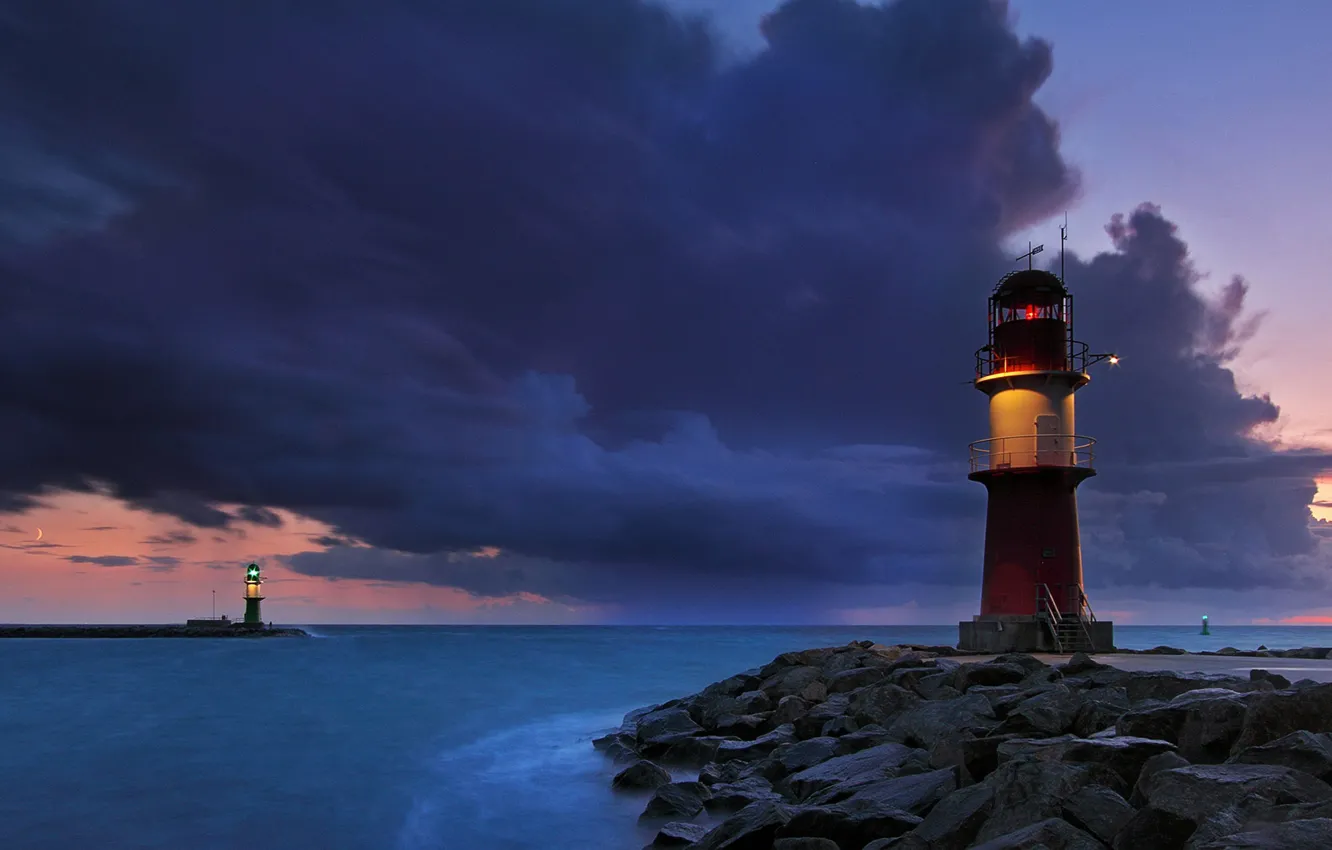 Photo wallpaper clouds, lighthouse, Germany, Mecklenburg-Vorpommern, Warnemunde