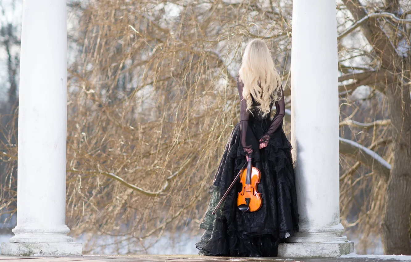 Photo wallpaper winter, violin, blonde, black dress, Maria Amanda, Stock, Winters Melody