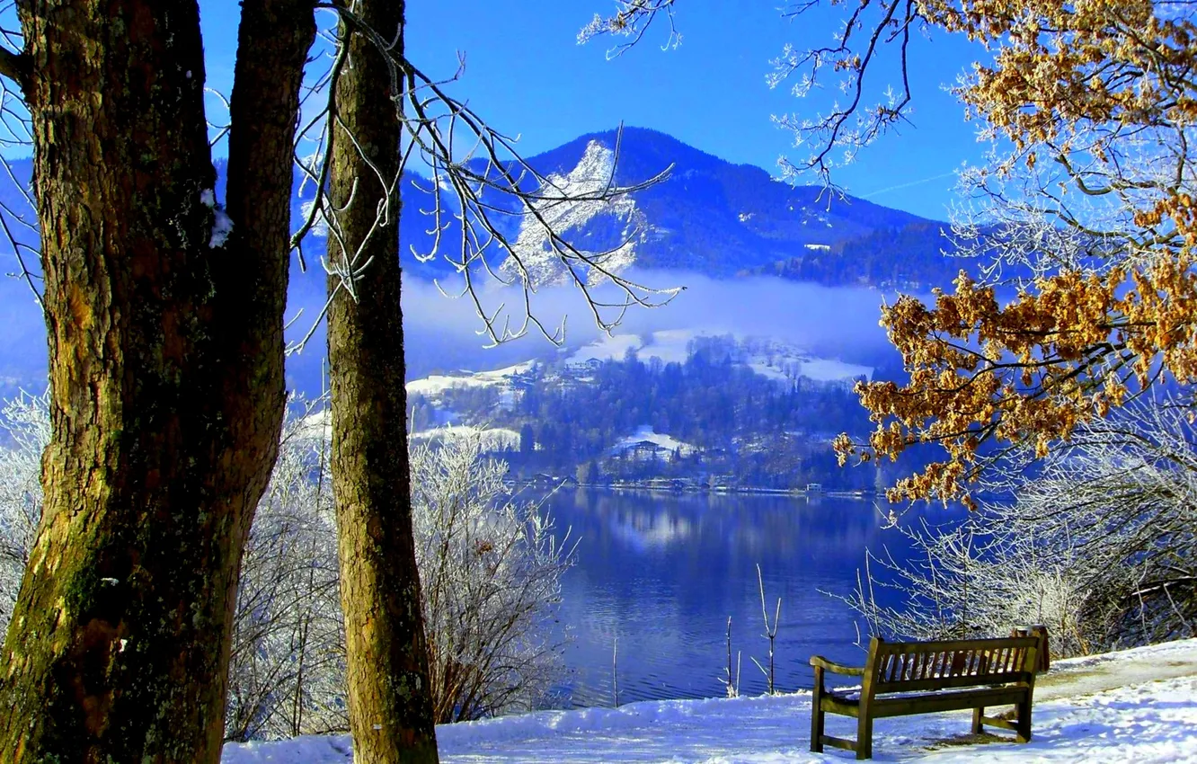 Photo wallpaper winter, the sky, snow, trees, mountains, lake, Park, bench