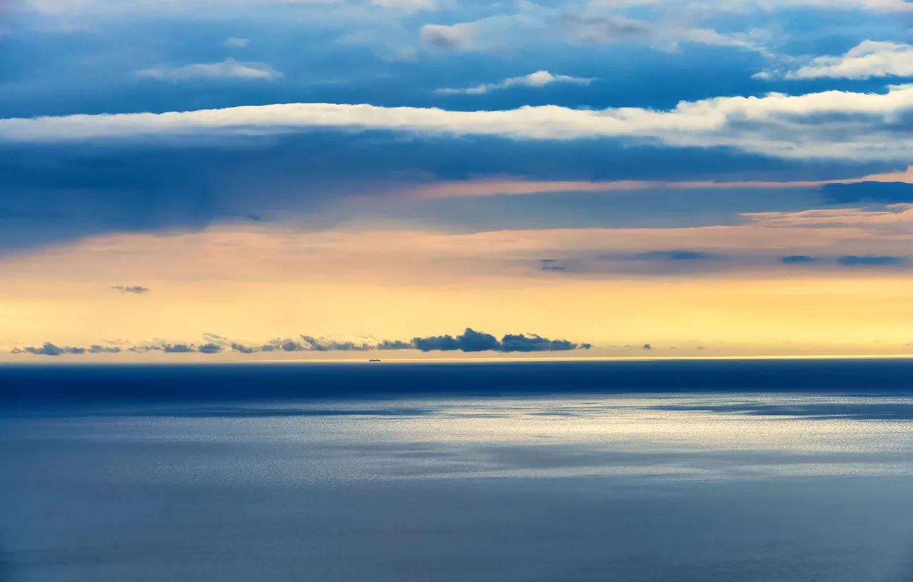 Photo wallpaper sky, sea, ocean, sunset, seascape, clouds, ship, horizon