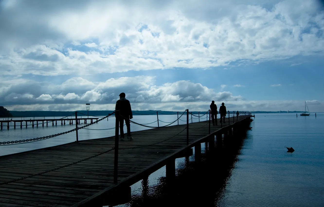 Photo wallpaper The sky, Clouds, Sea, The evening, Pier, People, Nature, Clouds