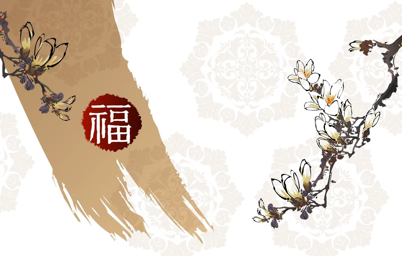 Photo wallpaper flowers, pattern, figure, branch, characters