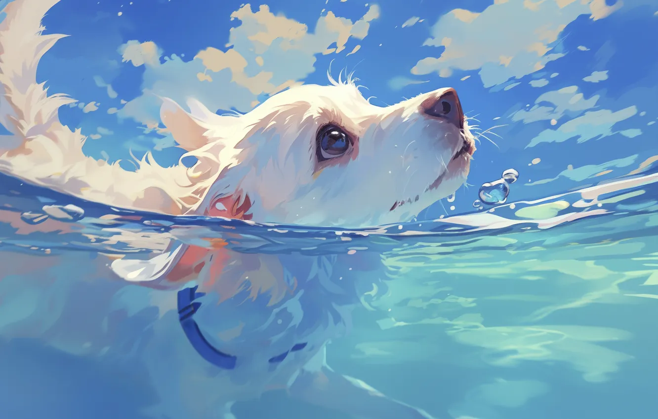 Photo wallpaper white, face, water, dog, art, collar, digital art, imitation painting