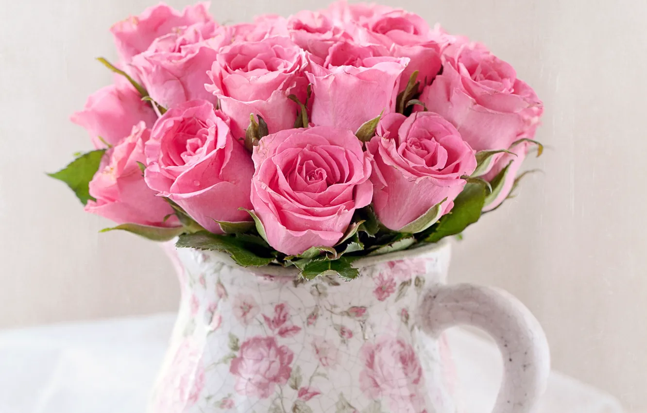 Photo wallpaper flowers, roses, bouquet, pink, pitcher