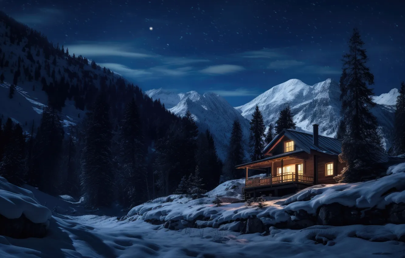 Photo wallpaper winter, forest, snow, mountains, night, nature, house, house