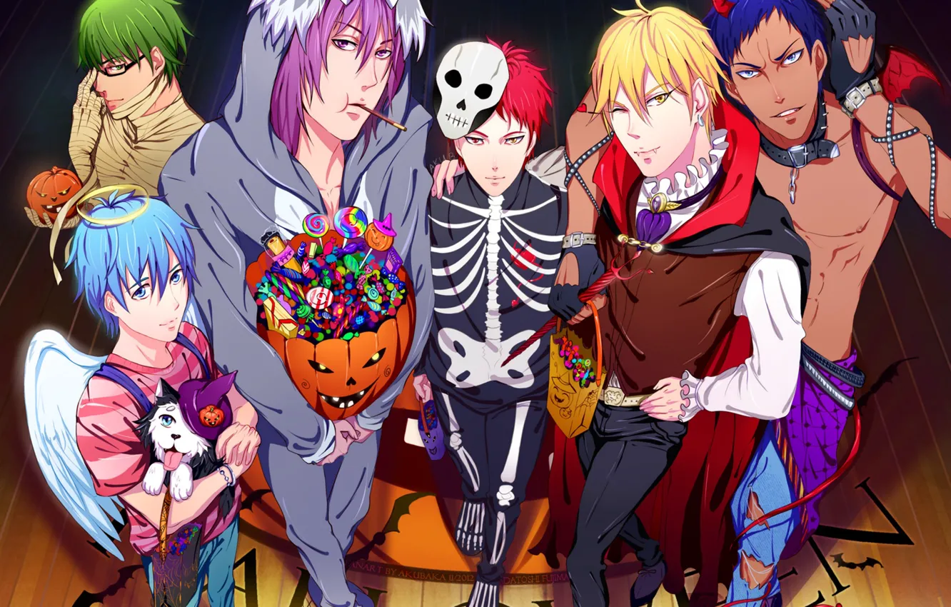 Photo wallpaper holiday, wings, anime, art, candy, skeleton, sweets, pumpkin