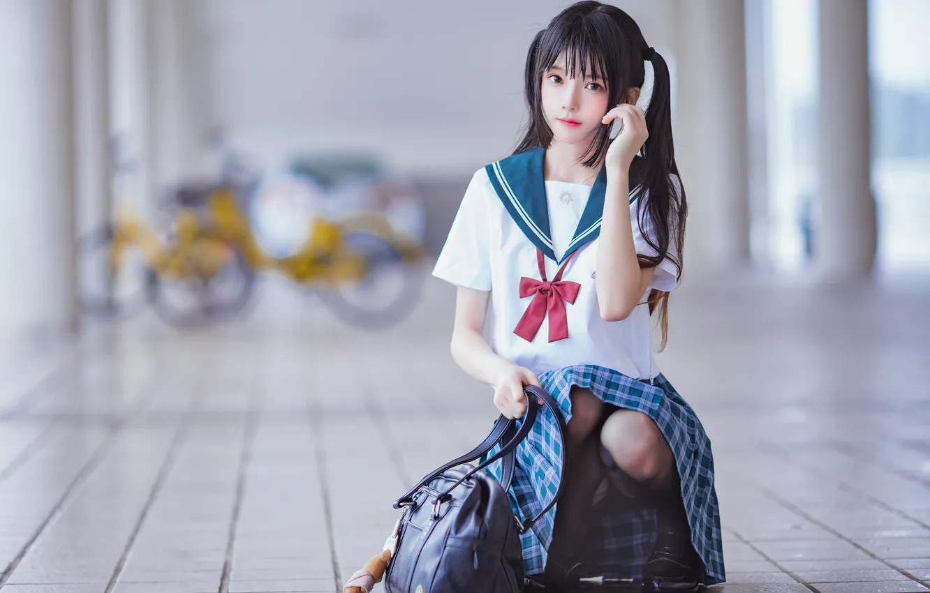 Photo wallpaper asian, Asian girl, Cherry neko