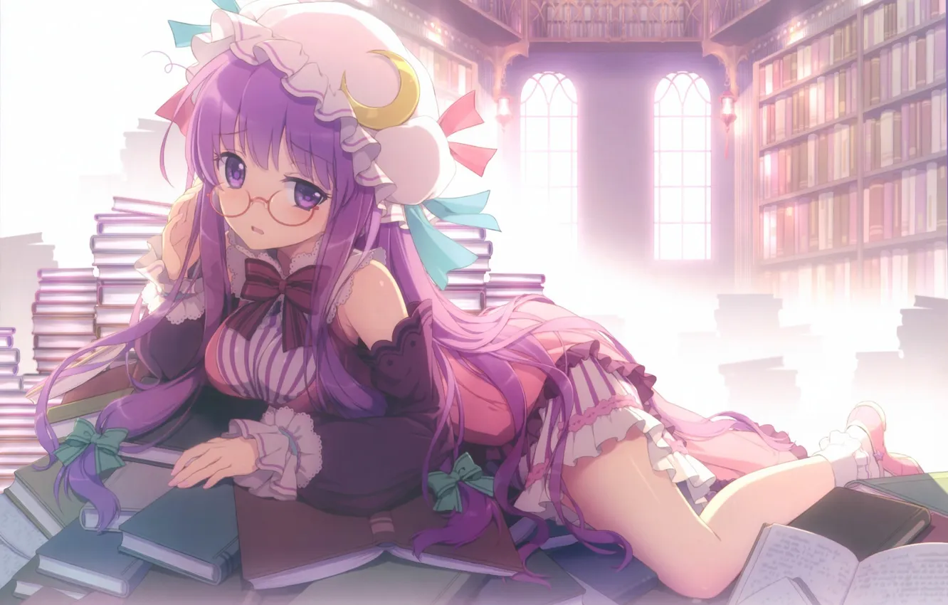 Photo wallpaper girl, light, glasses, lies, book, library, long hair, touhou
