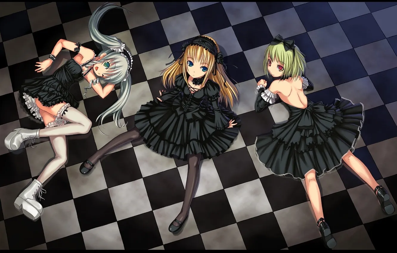 Photo wallpaper tile, chess floor, Gothic girls