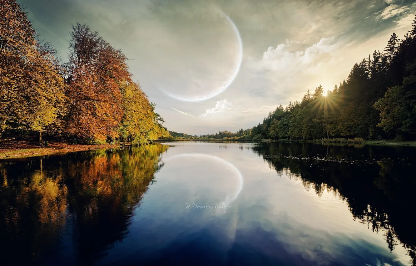 Photo wallpaper the sky, trees, nature, river, the moon