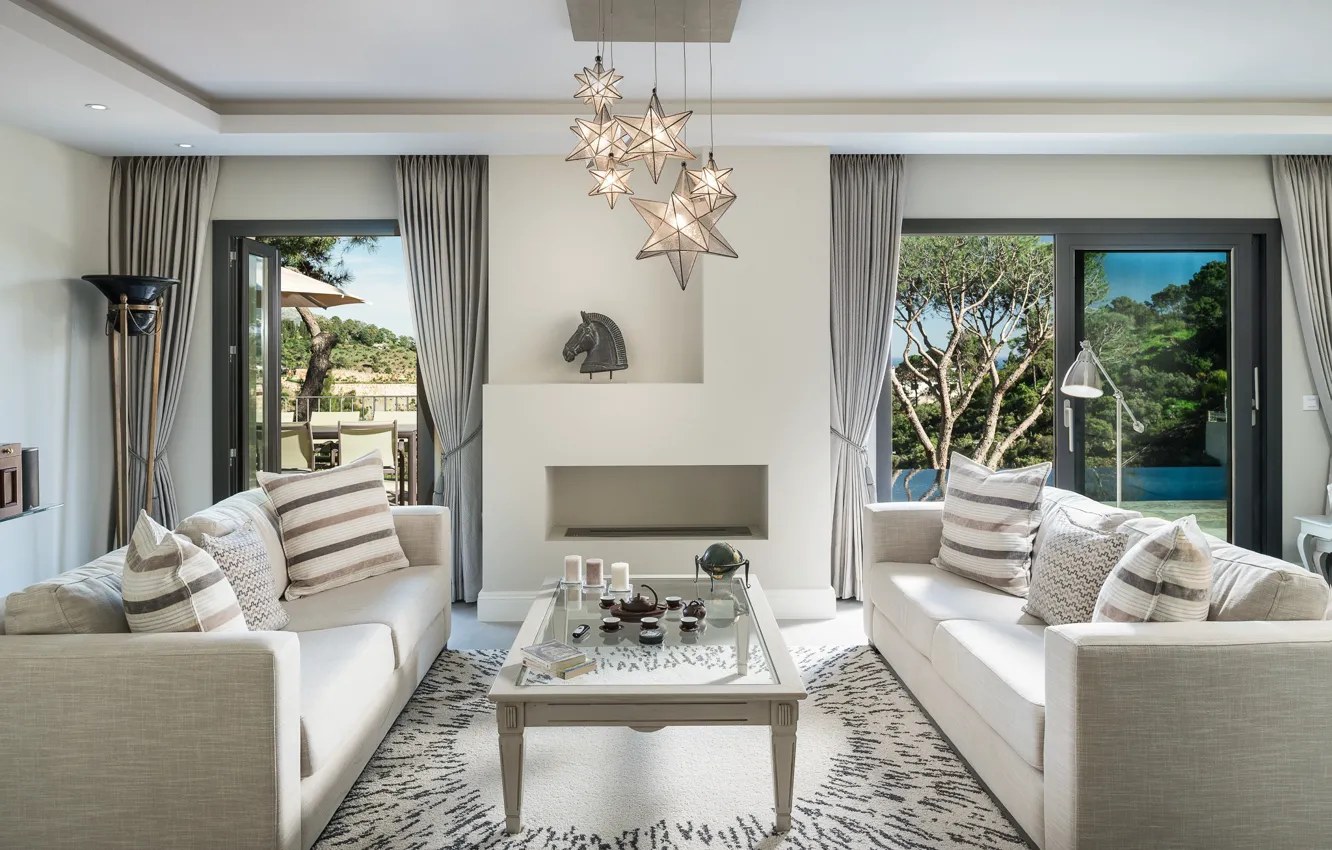 Photo wallpaper chandelier, table, sofas, living room