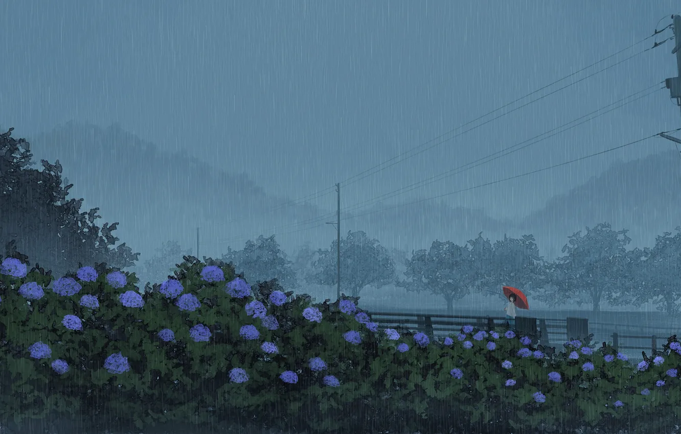 Photo wallpaper girl, flowers, rain, umbrella, hydrangea