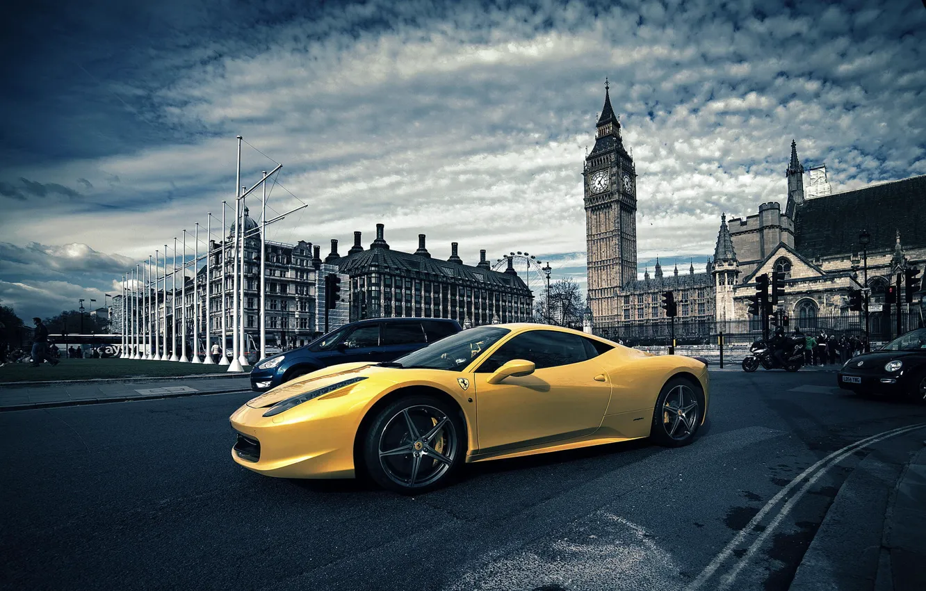 Photo wallpaper London, Ferrari, Yellow, Italy, Ferrari, 458, Big Ben, London