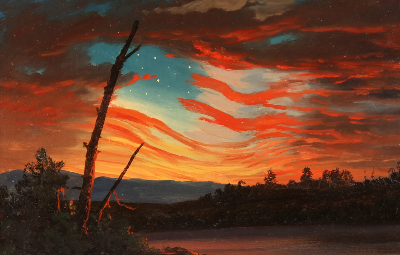 Photo wallpaper clouds, picture, flag, glow, allegory, Frederic Edwin Church, Our Banner in the Sky