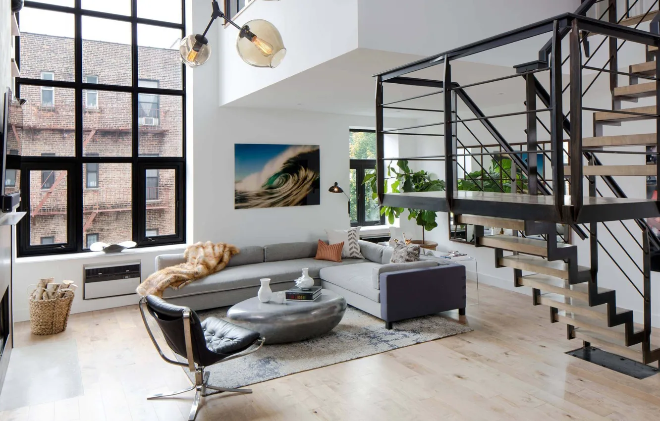 Photo wallpaper design, style, interior, ladder, New York, megapolis, living room, SoHo Duplex