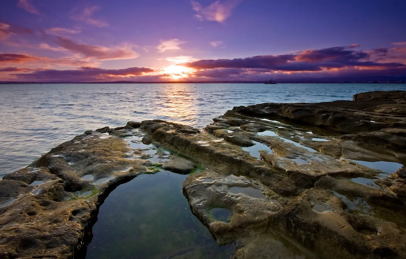 Photo wallpaper water, sunset, stones