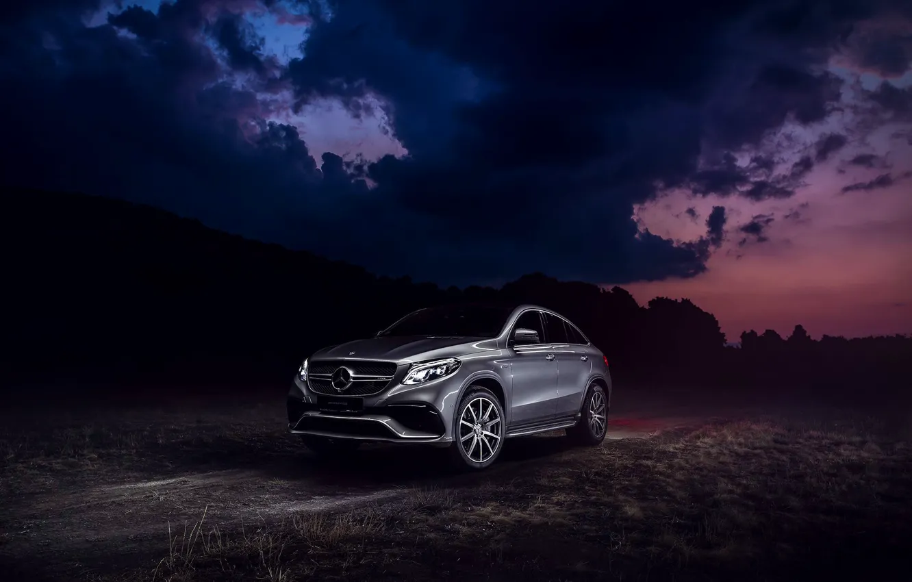 Photo wallpaper Mercedes-Benz, Clouds, Front, AMG, SUV, Silver, GLE