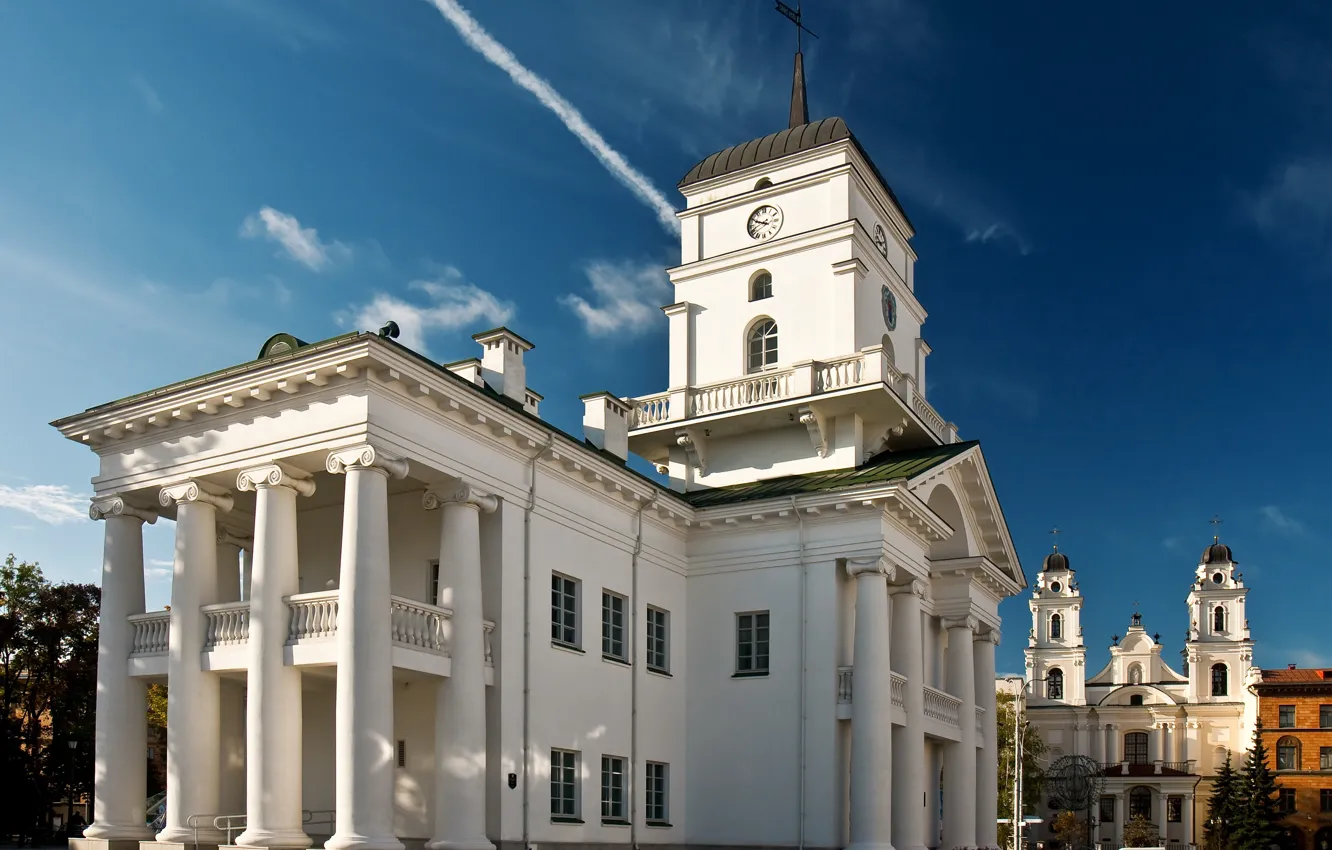 Photo wallpaper the sky, watch, town hall, Belarus, Minsk, Belarus, Minsk, Zedlik