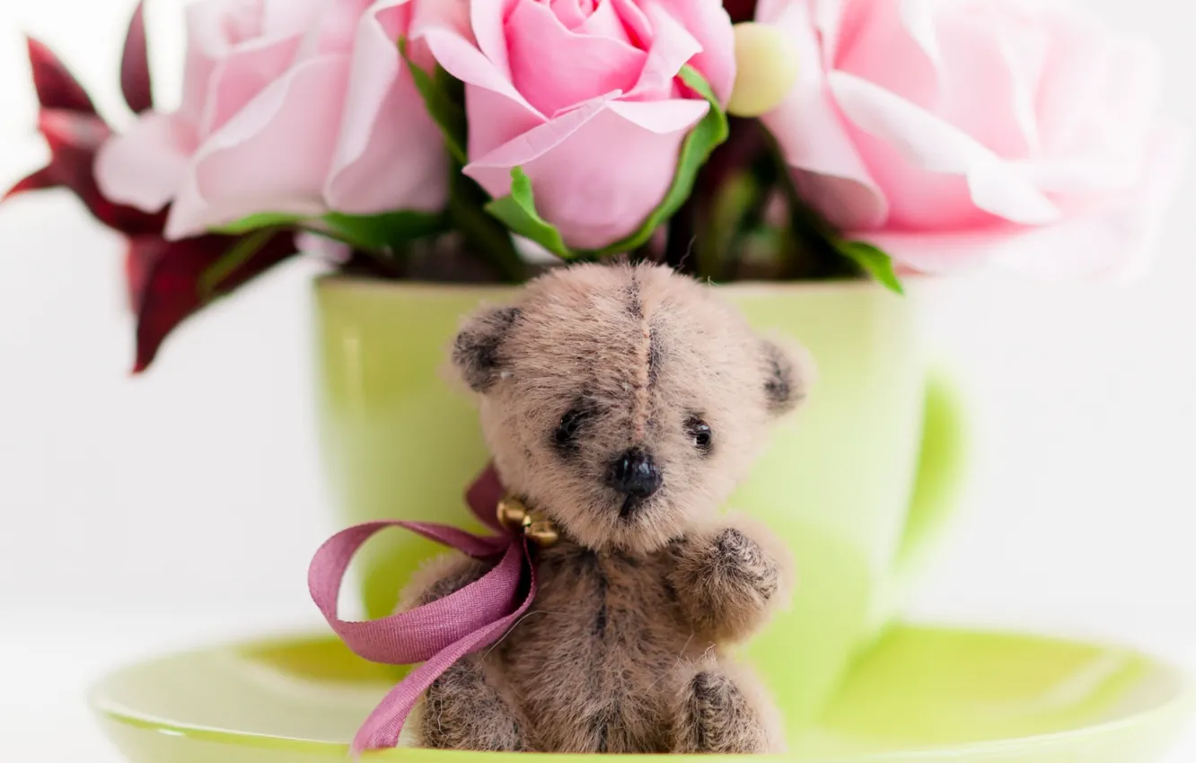 Photo wallpaper roses, bear, Cup