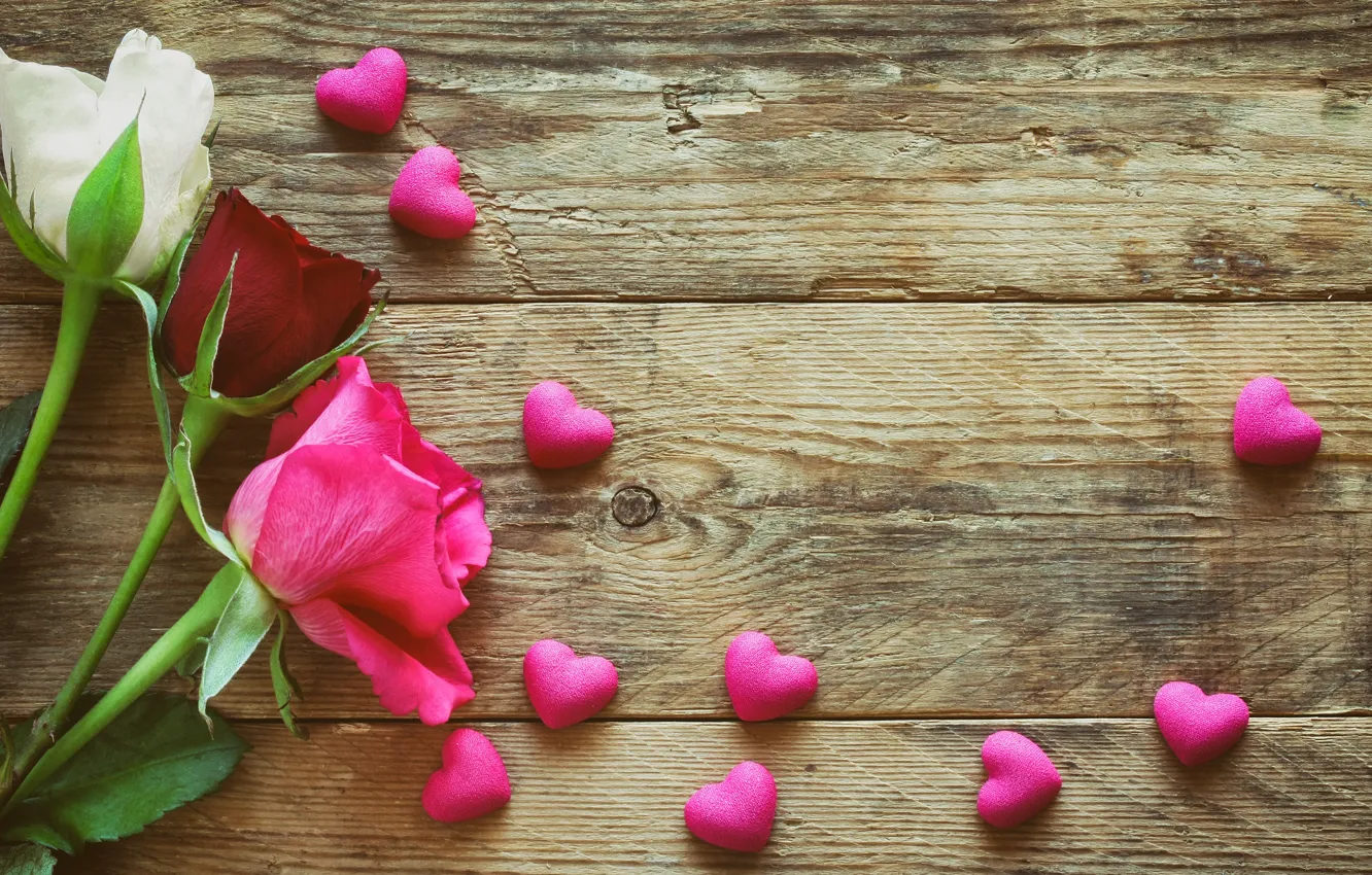 Photo wallpaper roses, hearts, love, wood, pink, romantic, hearts, Valentine's Day