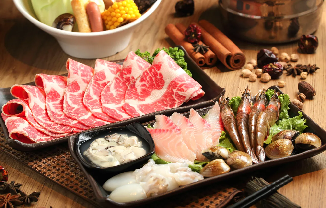 Photo wallpaper fish, meat, cinnamon, shrimp, seafood, spices, Japanese cuisine, meals