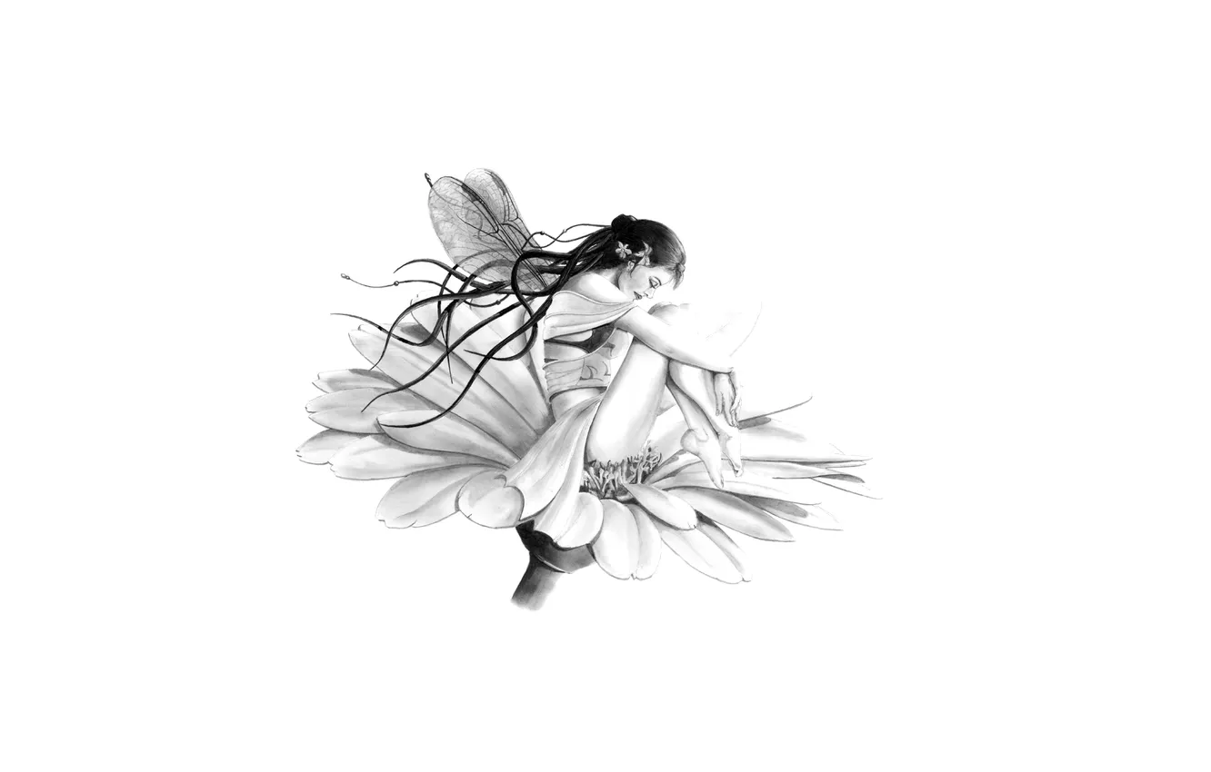 Photo wallpaper flowers, figure, fairy, black and white