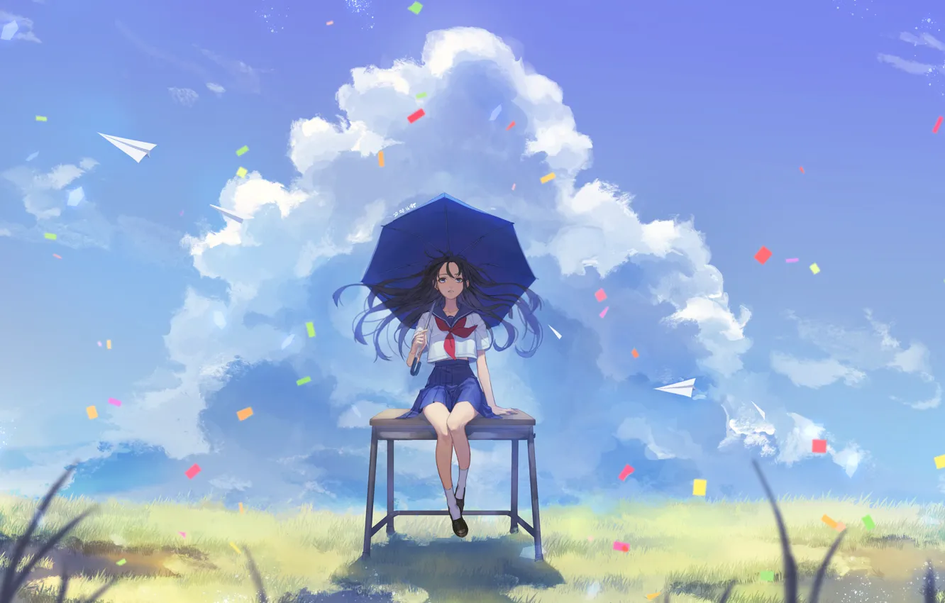 Photo wallpaper schoolgirl, weed, Parta, vacation, blue sky, paper airplane, under the umbrella, summer day