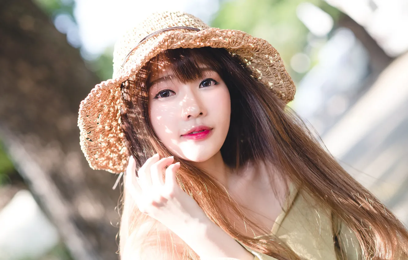 Photo wallpaper girl, light, face, hat, Asian, cutie