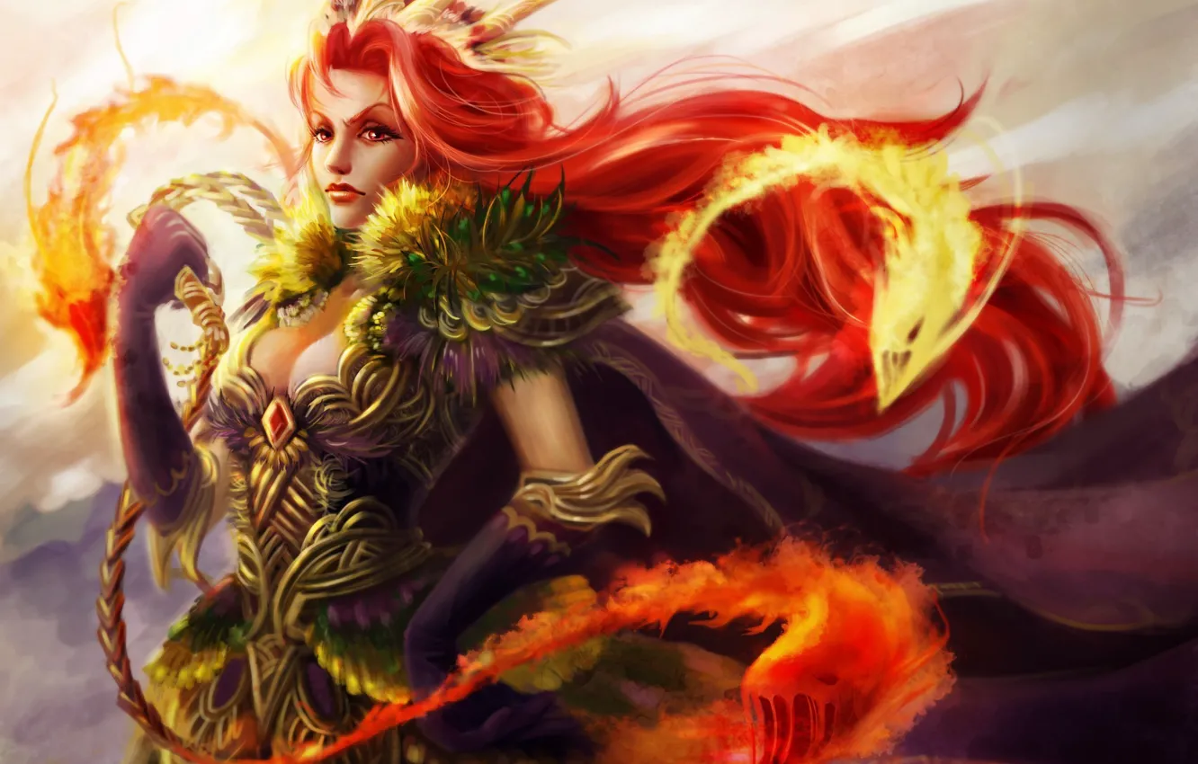 Photo wallpaper girl, fire, magic, monsters, creatures, red, whip