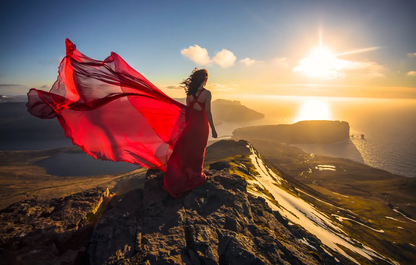 Photo wallpaper girl, sunset, mood, the ocean, coast, Denmark, dress, red dress