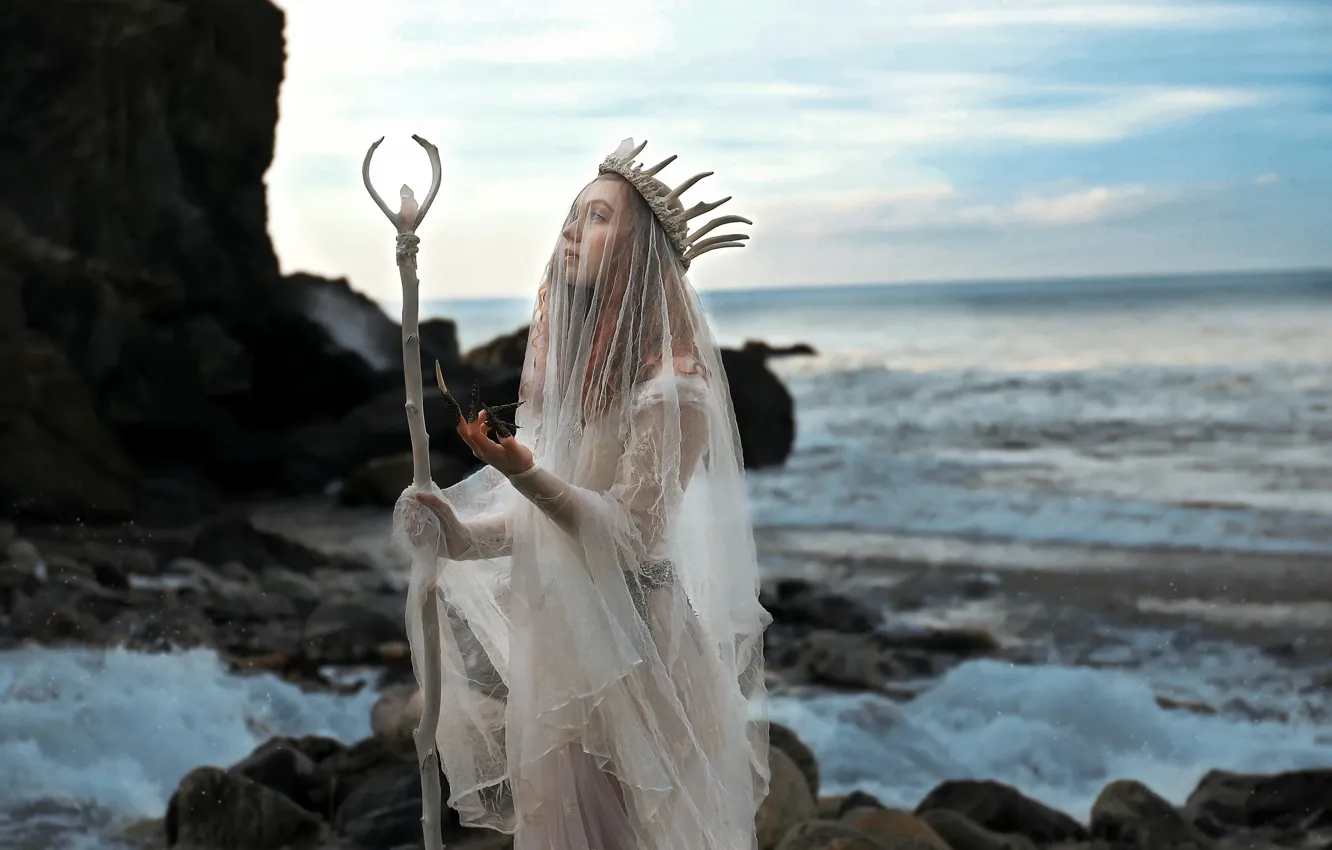 Photo wallpaper sea, girl, witch