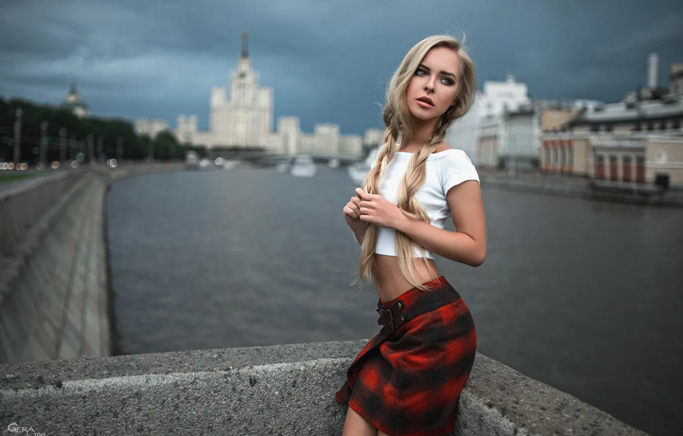 Photo wallpaper girl, clouds, the city, river, overcast, skirt, t-shirt, blonde