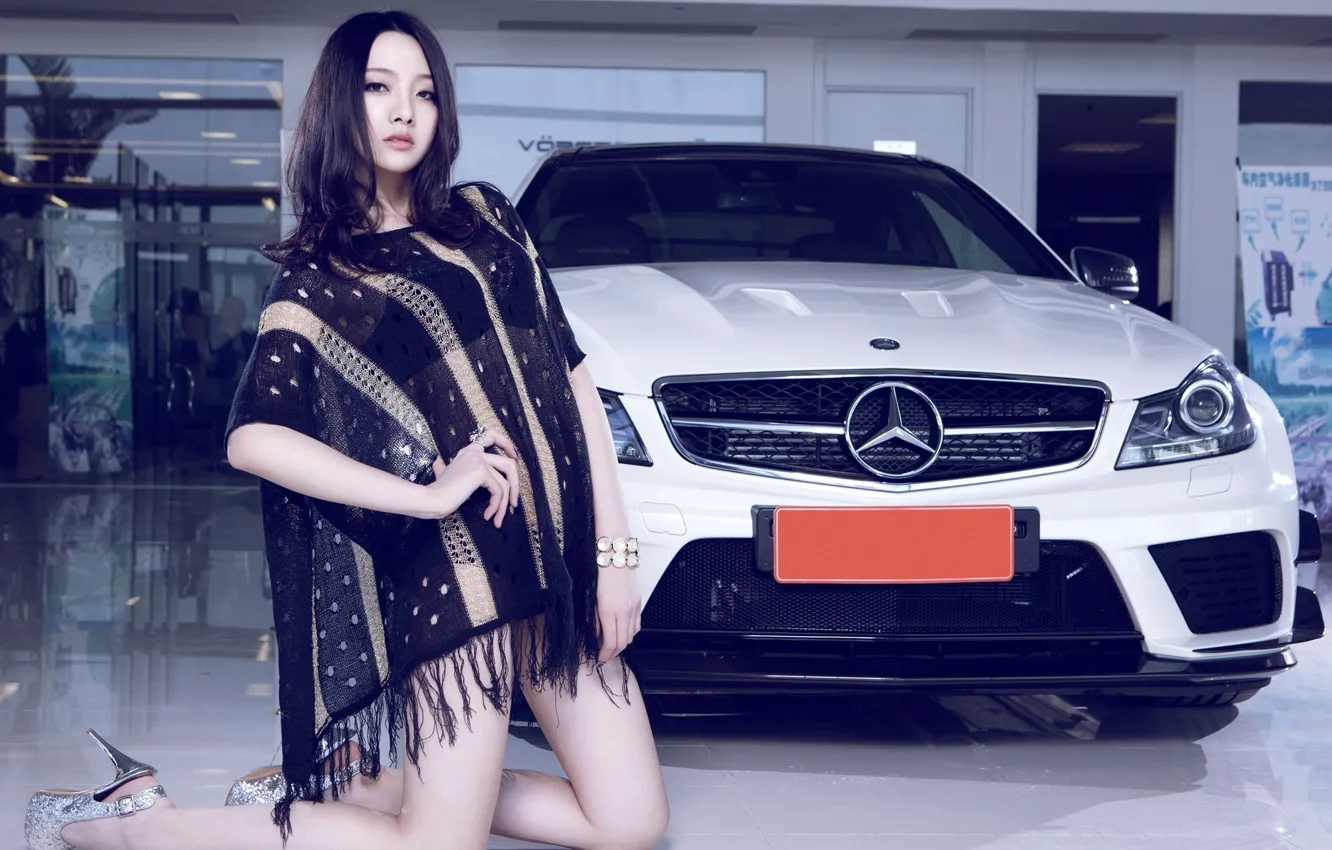 Photo wallpaper erotic, look, Mercedes, Asian, beautiful girl, white car, kneeling
