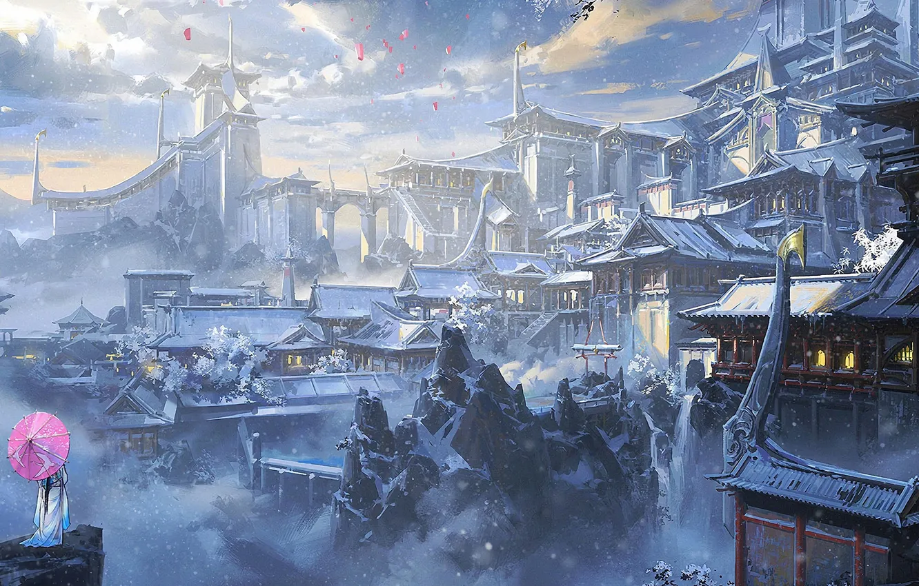 Photo wallpaper rocks, fantasy world, Palace, red umbrella, the roofs of the houses, fog in the mountains, …