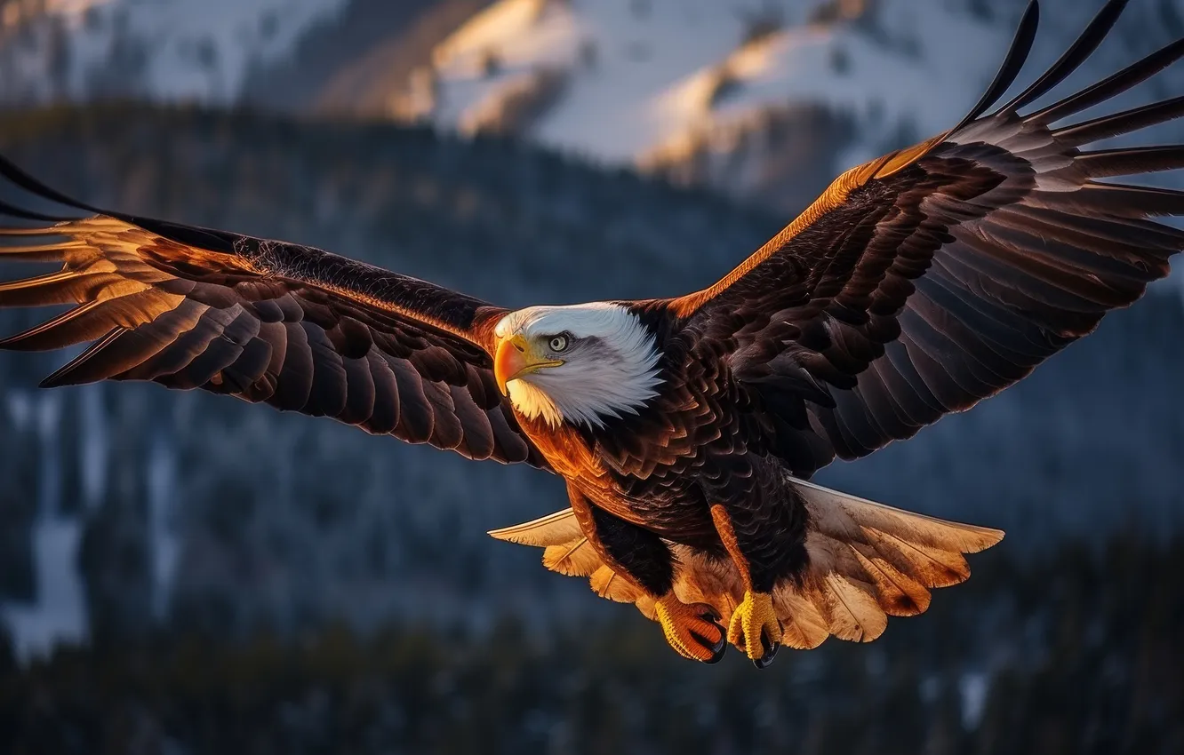 Photo wallpaper forest, look, light, flight, mountains, bird, predatory, bald eagle